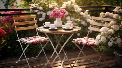 Wall Mural - A charming garden bistro table set with folding chairs, creating a cozy spot for morning coffee or afternoon tea