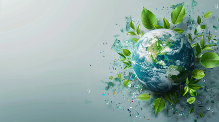 Poster - A blue and green planet with a green leaf on it. The planet is surrounded by debris and trash
