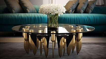 Wall Mural - A chic glass-top table with metal accents, adding a touch of sophistication to a contemporary living room