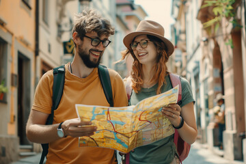Tourist couple reading a city map while on vacation, organizing their trip route, checking the map for city highlights