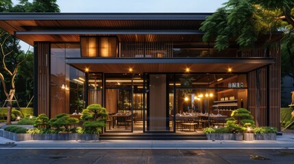 Aufkleber - A modern restaurant with large glass windows and a wooden facade is illuminated at night, with lush greenery and potted trees in the foreground.