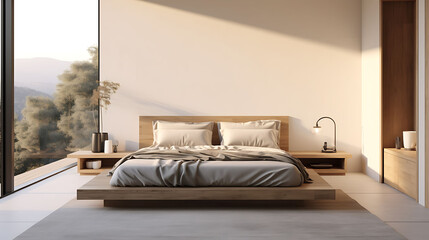 Wall Mural - A minimalist bedroom with a platform bed, neutral tones, and large windows letting in natural light