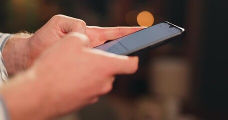 Poster - Person, hands and smartphone in closeup with chat, emoji and typing for connection, contact or networking. People, mobile and display screen with bokeh and text app on social media for communication
