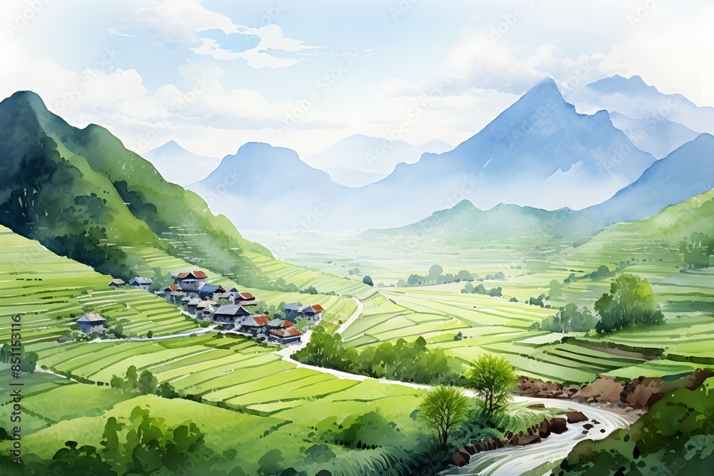 Watercolor painting of a countryside village with green rice paddies ...