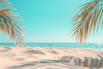 Wall Mural - Blurred background of sandy beach with palm trees and blue sky, summer vacation concept banner