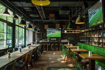 Cafe and restaurant interior design, dining area with tables, chairs, and pendant lights on high ceilings, wooden floor, shelves