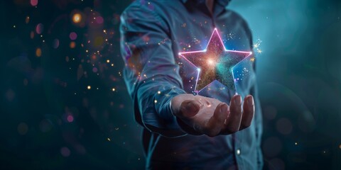 Businessman holding a hologram virtual trophy in the style of a star icon on a dark background, winner award concept with copy space for your text or banner design