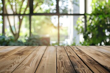 Wood table top on with blur glass window wall background - generative ai