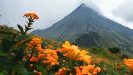 Wall Mural - Volcanic mountain peak with lush orange flower field.