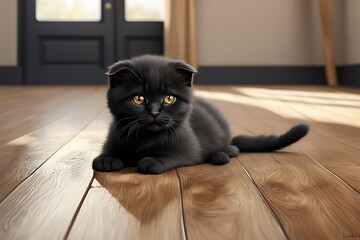Wall Mural - floor lying black little kitten Scottish cat baby children adorable animal background beautiful breed British charming cuddly curious cute domestic funny fur healthy isolated looking lovely mammal