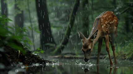 A deer is drinking water in a forest