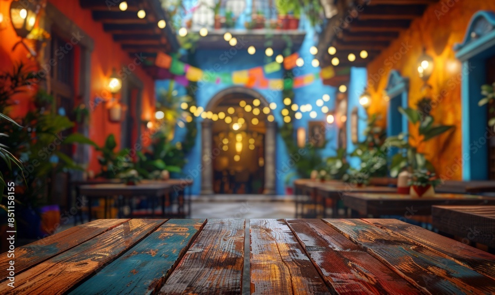 Blank wooden table top on blurred mexican or italian cafe interior ...