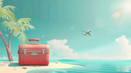 Wall Mural - vacation travel time banner, open travel suitcase with exotic destination inside with copy space area