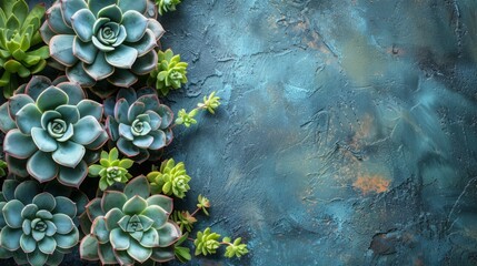 Poster - A close-up image of a group of succulents arranged on a blue textured background.