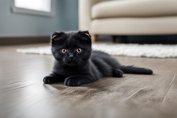 Wall Mural - floor lying black little kitten Scottish cat baby children adorable animal background beautiful breed British charming cuddly curious cute domestic funny fur healthy isolated looking lovely mammal