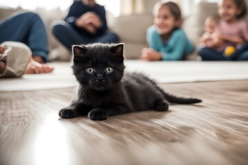 floor lying black little kitten Scottish cat baby children adorable animal background beautiful breed British charming cuddly curious cute domestic funny fur healthy isolated looking lovely mammal