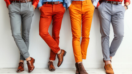 Four men are standing next to each other, each wearing a different color of pants. They are all wearing brown shoes and are posing for a photo. Concept of camaraderie and friendship