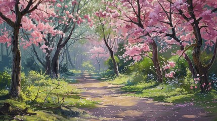 Wall Mural - Artwork featuring cherry blossoms in a spring garden