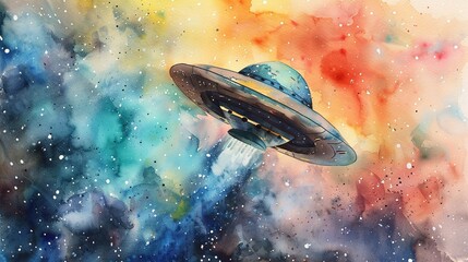 Wall Mural - whimsical watercolor ufo illustration with delicate lines and shapes