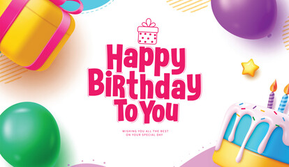 Wall Mural - Happy birthday greeting vector background design. Birthday greeting text in white space with gift box, balloons and cake party elements decoration for kids invitation card design. Vector illustration 