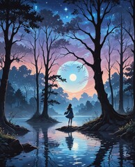 Wall Mural - A beautiful illustrated lake at night with a lit up sky and silhouette of trees. 