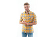 © be free - Trendy male fashion style. Male casual style. Caucasian casual guy. Man in checkered shirt isolated on white. Stylish man with stylish hairstyle. Effortless charm