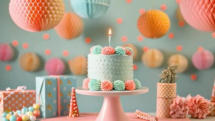 Poster - This birthday cake with one lit candle is surrounded by colorful decorations and gifts.