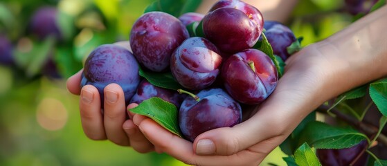 hands holding ripe plums, symbolizing fresh harvests and the essence of organic agriculture, promoting healthy and nutritious choices