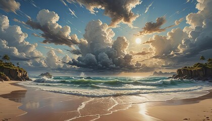 Wall Mural - A beautiful beach in the early evening with cloudy sky. 