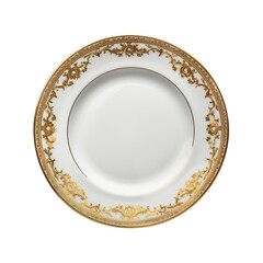 Elegant white porcelain dinner plate adorned with intricate gold trim, perfect for upscale dining settings or luxury home decor.