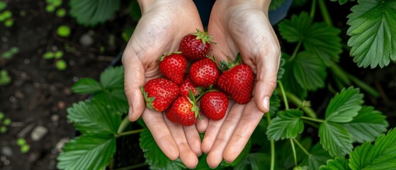 Fresh, red strawberries nestled in hands, showcasing their ripe and sweet nature. A visual treat celebrating organic fruit and wholesome food