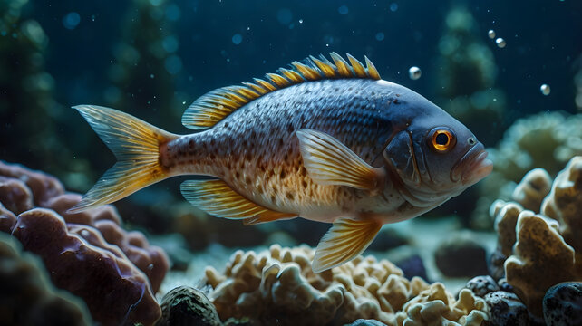 Colorful fish swimming among vibrant coral reefs in the ocean. fish research.