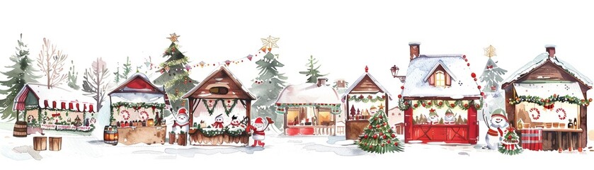 charming watercolor painting of a festive christmas market with decorated stalls, snow-covered trees