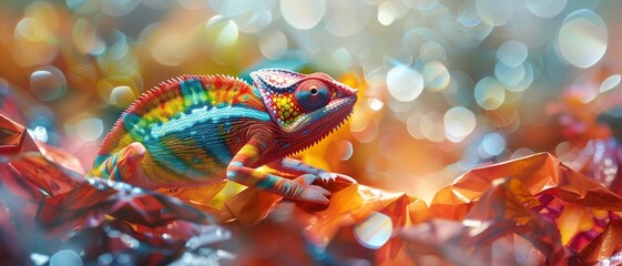 Colorful chameleon on a branch with blurred background.