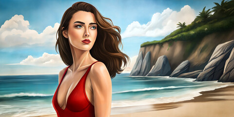 Wall Mural - Woman in red swimsuit on tropical beach