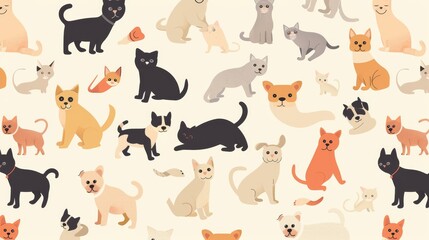  Flat illustration of playful cats and dogs in a seamless pattern, perfect for pet-related products.