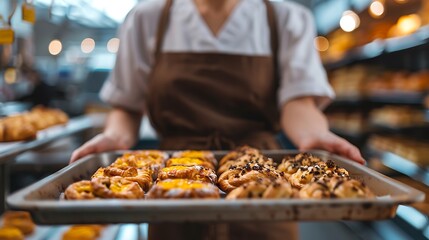 Baker Holding Tray of Freshly Baked Pastries in a Warm Artisan Bakery