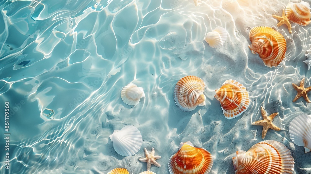 Seashells and starfish scattered on a beach with clear blue water ...