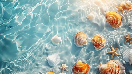 Seashells and starfish scattered on a beach with clear blue water. Summer vacation background.