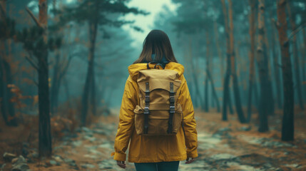 Wall Mural - A woman is walking down a path in the woods wearing a yellow jacket and carrying a backpack. Concept of adventure and exploration, as the woman is venturing into the wilderness with her backpack