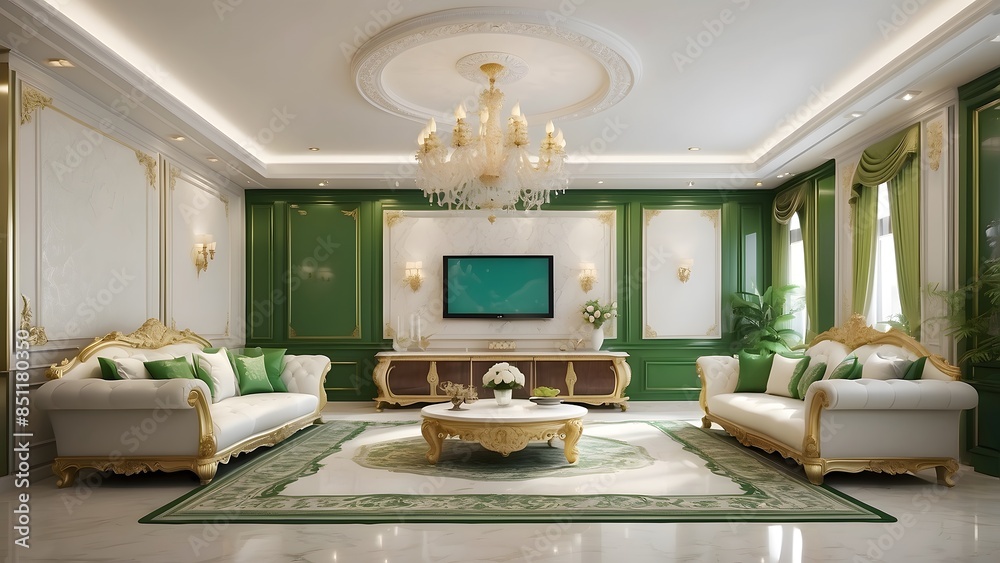 Royal luxury living room interior design with TV, green and white ...