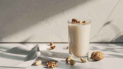 Wall Mural - Product photography, walnut milk drink in a cup with some walnuts and nuts on a white table, grey background,
