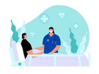 Female doctor visiting young patient at hospital. Medicine vector illustration