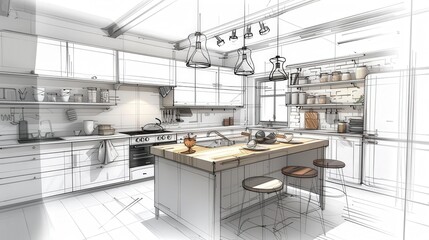 Wall Mural - modern kitchen interior. combination of photo and sketch 