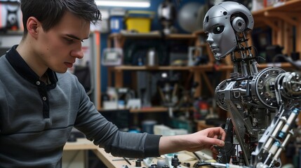 Poster - A skilled roboticist meticulously programs a humanoid robot in a workshop filled with advanced components.