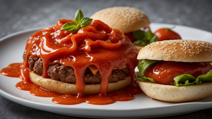 Wall Mural - Tomato sauce to add flavor and vibrant color to the dish Show tomato sauce drizzled over pasta, hamburgers, or pizza