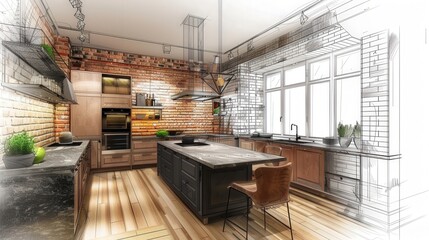 Wall Mural - Stylish kitchen interior with modern furniture. Combination of photo and sketch  