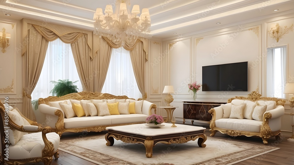 Stock-Foto „Royal luxury living room interior design with TV, ivory and ...