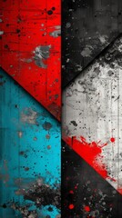 Wall Mural - Dynamic Abstract Geometric Pattern With Bold Splashes of Turquoise, Red, Black, and Gray On a Distressed Grungy Background