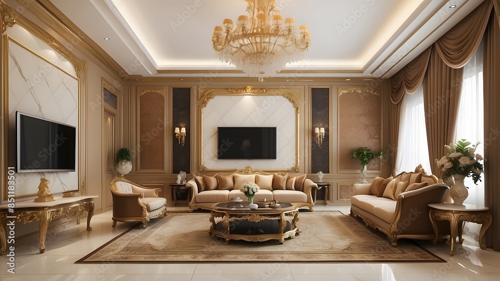 Royal luxury living room interior design with TV, tan and white colors ...